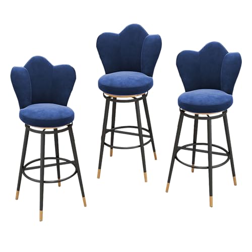 DFKGLCRR 25,6/29,6“ Sitzhöhe Barhocker 3er Set, Samt gepolsterte Barstühle, Drehbare Barhocker mit Petal Form zurück und Fußstützen, Counter Höhe Esszimmerstühle (Blue,29.6in/75cm) von DFKGLCRR