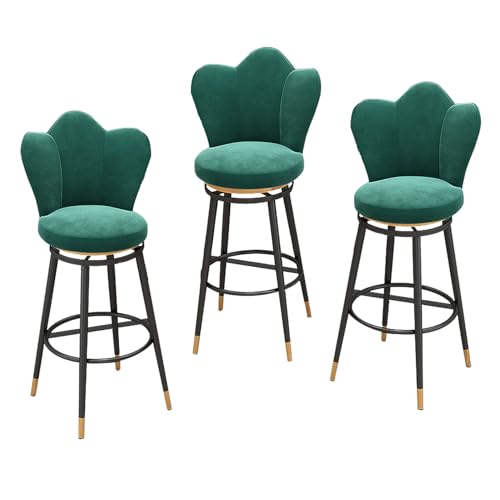DFKGLCRR 25,6/29,6“ Sitzhöhe Barhocker 3er Set, Samt gepolsterte Barstühle, Drehbare Barhocker mit Petal Form zurück und Fußstützen, Counter Höhe Esszimmerstühle (Green,25.6in/65cm) von DFKGLCRR