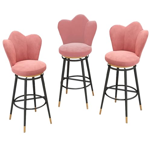 DFKGLCRR 25,6/29,6“ Sitzhöhe Barhocker 3er Set, Samt gepolsterte Barstühle, Drehbare Barhocker mit Petal Form zurück und Fußstützen, Counter Höhe Esszimmerstühle (Pink,29.6in/75cm) von DFKGLCRR
