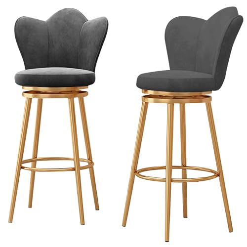 DFKGLCRR 360° drehbarer Tresenhocker mit Petalform Rücken 2er Set, gepolsterter Samt Küchenhocker Barstühle, Moderne Barstühle mit Fußstütze (goldene Metallbeine) (Grey,25.6in/65cm) von DFKGLCRR