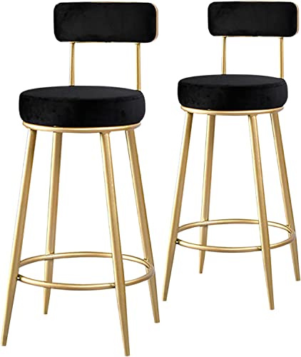 DFKGLCRR Barhocker 2er Set, Counter Höhe Barhocker mit Rückenlehne und Fußstütze, 2er Set Samt Barhocker Vergoldete Metallbeine Küchenhocker für Bar, Kaffee, Küche, Wohnzimmer (Black) von DFKGLCRR