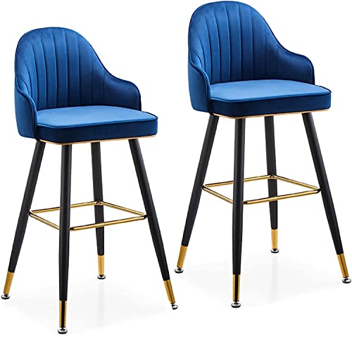 DFKGLCRR Barhocker 2er Set, Samt Barhocker gepolstert Barhocker 65/75cm Barhöhe Stühle mit Rücken/Fußstütze Küchenhocker für Insel/Hausbar/Esszimmer/Küche (Set of 2-Blue,65CM) von DFKGLCRR