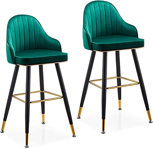 DFKGLCRR Barhocker 2er Set, Samt Barhocker gepolstert Barhocker 65/75cm Barhöhe Stühle mit Rücken/Fußstütze Küchenhocker für Insel/Hausbar/Esszimmer/Küche (Set of 2-Green,74CM) von DFKGLCRR
