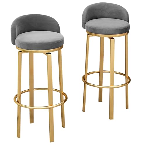 DFKGLCRR Barhocker Küche Hocker Satz von 2 Swivel Bar Stühle, Küche Esszimmer Tresen Hocker mit Samt gepolstert, niedrige Rückenlehne, Fußstütze und Gold Metallbeine, 25,6/29,6“ (Grey,65cm/26in) von DFKGLCRR