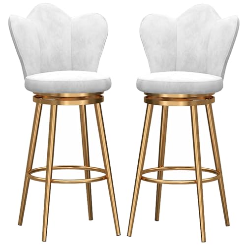 DFKGLCRR Barhocker Tresenhöhe-25.6''/29.6“ 360° drehbare Tresenhocker Barstühle, Samt Kücheninsel Stuhl mit Petal Form zurück und Gold Metall Fußstütze und Beine (White 2ps,29.6in/75cm) von DFKGLCRR