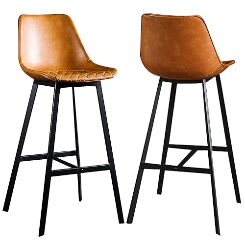 DFKGLCRR Counter Höhe 65/75cm Barhocker 2er Set Kunstleder Landhaus Barstühle Inselhocker gepolsterte Barhocker mit Retro Karo Sitz, schwarzes Metallgestell (Brown,65cm(25.6in)) von DFKGLCRR