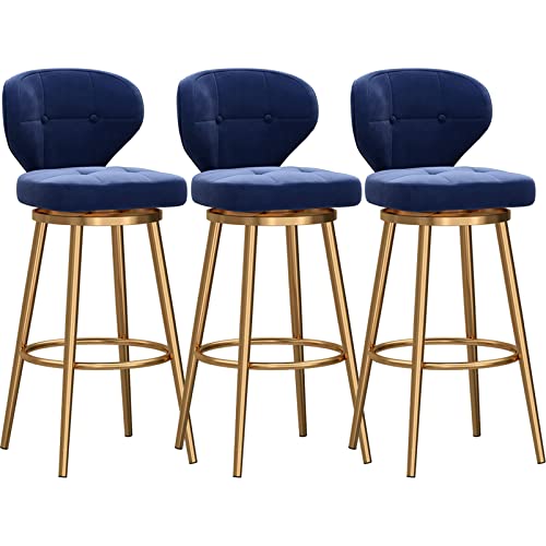 DFKGLCRR Counter Höhe Hocker Barhocker mit zurück Satz von 3 gepolsterten Stoff Counter Höhe Barhocker Kücheninsel Swivel Bar Stühle, Metall Bein Barhocker (Blue,65cm Gold Leg) von DFKGLCRR