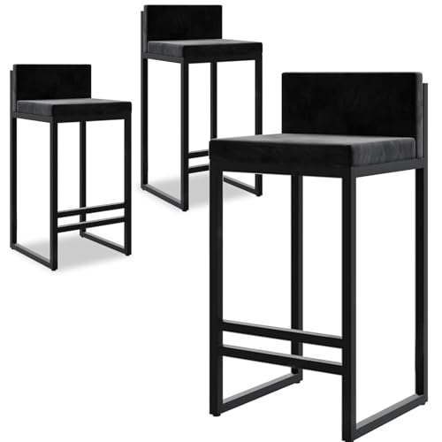 DFKGLCRR Counter Höhe Hocker Samt Barhocker Satz von 3 gepolstert Counter Hocker mit zurück, Moderne Counter Höhe Barhocker, Kücheninsel Bar Stuhl- 75cm Sitzhöhe (Black,75cm) von DFKGLCRR