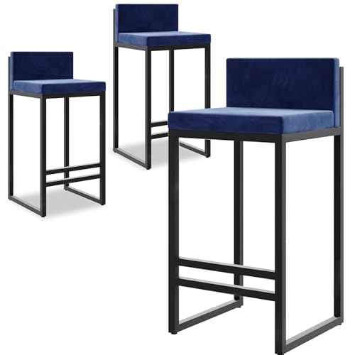 DFKGLCRR Counter Höhe Hocker Samt Barhocker Satz von 3 gepolstert Counter Hocker mit zurück, Moderne Counter Höhe Barhocker, Kücheninsel Bar Stuhl- 75cm Sitzhöhe (Blue,75cm) von DFKGLCRR