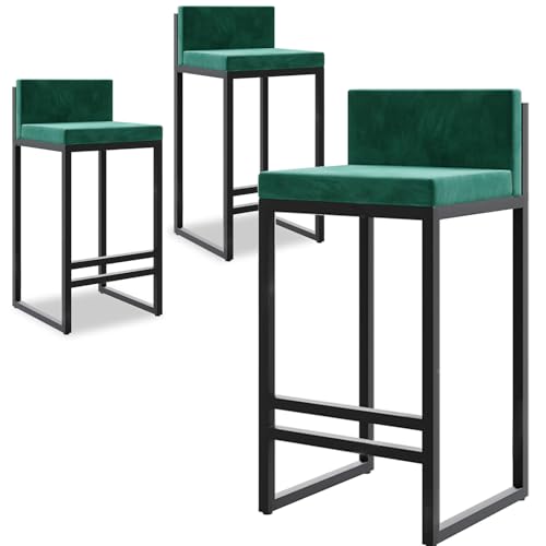 DFKGLCRR Counter Höhe Hocker Samt Barhocker Satz von 3 gepolstert Counter Hocker mit zurück, Moderne Counter Höhe Barhocker, Kücheninsel Bar Stuhl- 75cm Sitzhöhe (Green,65cm) von DFKGLCRR