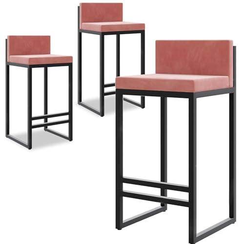 DFKGLCRR Counter Höhe Hocker Samt Barhocker Satz von 3 gepolstert Counter Hocker mit zurück, Moderne Counter Höhe Barhocker, Kücheninsel Bar Stuhl- 75cm Sitzhöhe (Pink,75cm) von DFKGLCRR