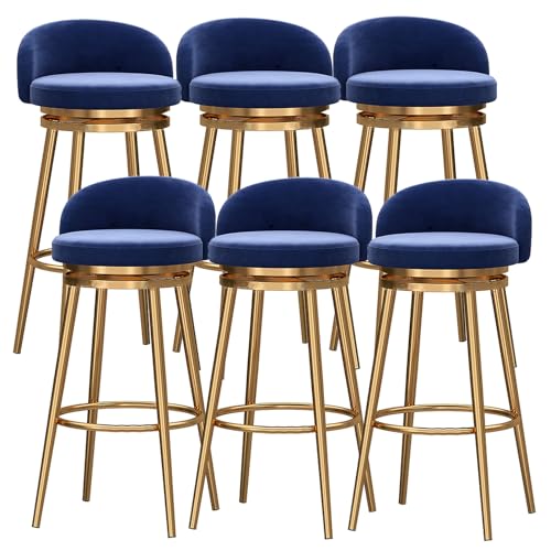 DFKGLCRR Drehbare Barhocker Satz von 6 samt gepolsterten Sitz mit niedriger Rückenlehne und Gold Metall Bein, Küche Frühstück Counter Höhe Hocker Barstühle, Sitzhöhe 65/75cm (Blue,29.6in/75cm) von DFKGLCRR