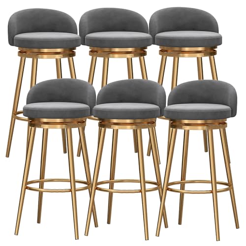 DFKGLCRR Drehbare Barhocker Satz von 6 samt gepolsterten Sitz mit niedriger Rückenlehne und Gold Metall Bein, Küche Frühstück Counter Höhe Hocker Barstühle, Sitzhöhe 65/75cm (Grey,25.6in/65cm) von DFKGLCRR
