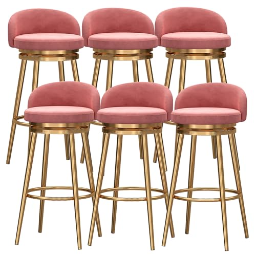 DFKGLCRR Drehbare Barhocker Satz von 6 samt gepolsterten Sitz mit niedriger Rückenlehne und Gold Metall Bein, Küche Frühstück Counter Höhe Hocker Barstühle, Sitzhöhe 65/75cm (Pink,29.6in/75cm) von DFKGLCRR