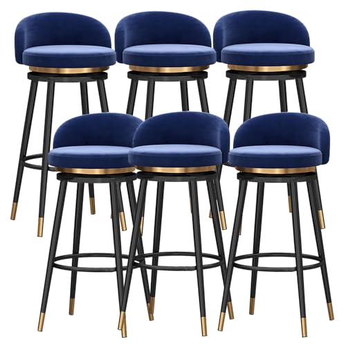 DFKGLCRR Samt Barhocker 6er Set, 360° drehbar Küche Frühstück Polsterung Counter Hocker mit Fußstütze und schwarzem Metall Bein, Esszimmer Lounge Rezeption Insel Barhocker (Blue,29.6in/75cm) von DFKGLCRR