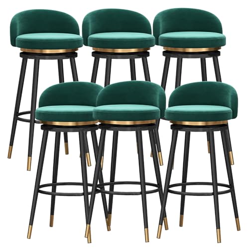 DFKGLCRR Samt Barhocker 6er Set, 360° drehbar Küche Frühstück Polsterung Counter Hocker mit Fußstütze und schwarzem Metall Bein, Esszimmer Lounge Rezeption Insel Barhocker (Green,25.6in/65cm) von DFKGLCRR