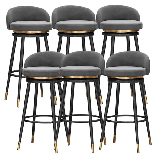 DFKGLCRR Samt Barhocker 6er Set, 360° drehbar Küche Frühstück Polsterung Counter Hocker mit Fußstütze und schwarzem Metall Bein, Esszimmer Lounge Rezeption Insel Barhocker (Grey,25.6in/65cm) von DFKGLCRR