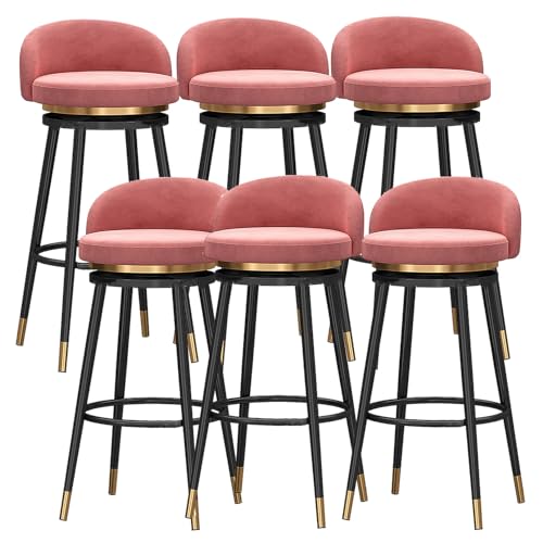 DFKGLCRR Samt Barhocker 6er Set, 360° drehbar Küche Frühstück Polsterung Counter Hocker mit Fußstütze und schwarzem Metall Bein, Esszimmer Lounge Rezeption Insel Barhocker (Pink,29.6in/75cm) von DFKGLCRR