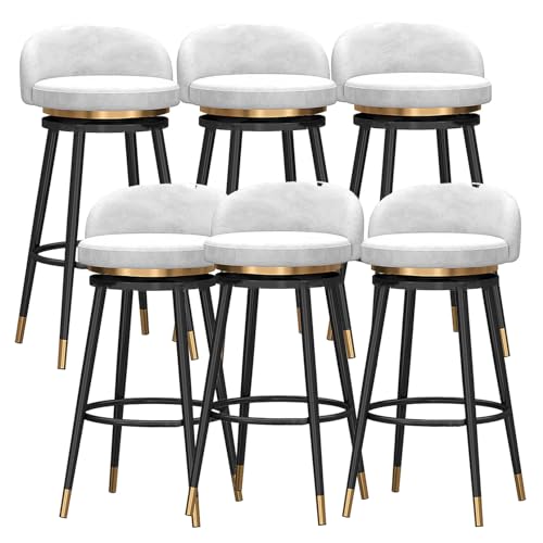 DFKGLCRR Samt Barhocker 6er Set, 360° drehbar Küche Frühstück Polsterung Counter Hocker mit Fußstütze und schwarzem Metall Bein, Esszimmer Lounge Rezeption Insel Barhocker (White,25.6in/65cm) von DFKGLCRR