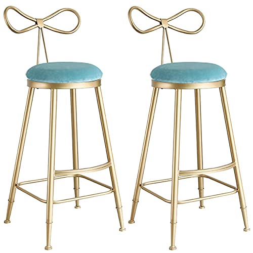 DFKGLCRR Samt Moderner Tresenhocker 2er Set, Bänderrücken Barhocker mit goldenen Metallbeinen und Fußstütze, 75cm Sitzhöhe Kücheninsel, Cafe, Pub Barstühle (Light Blue 2ps) von DFKGLCRR
