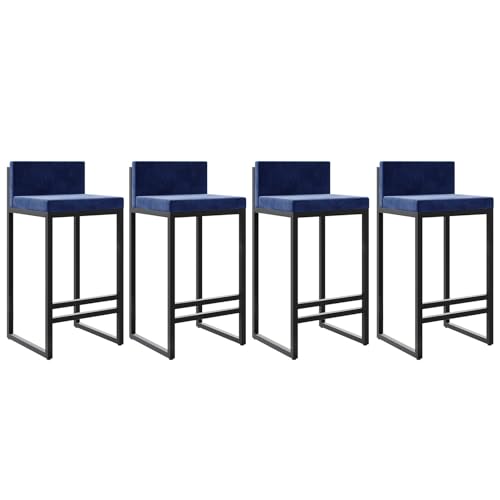 DFKGLCRR Samt Stoff Barhocker Satz von 4 Counter Höhe Hocker mit zurück Fußstütze für Küche Moderne Metall Barhocker gepolstert Bar Stühle Insel Hocker- 65cm Sitzhöhe (Blue,65cm) von DFKGLCRR