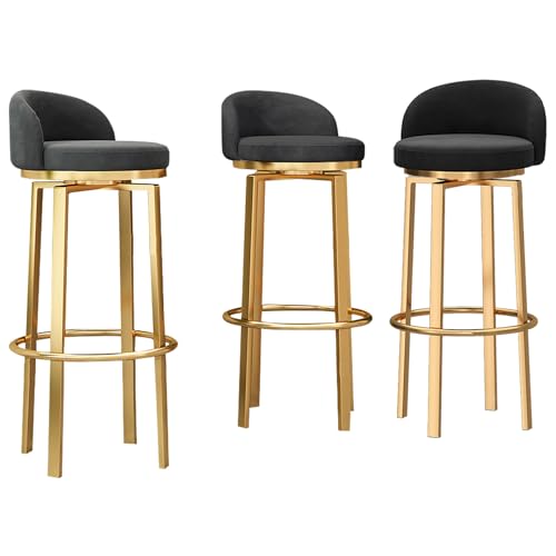 DFKGLCRR Samt gepolsterte Barhocker 3er Set, Moderne 360° drehbare Barhocker, Esszimmerstühle 25,6/29,6 Zoll Sitzhöhe mit goldenen Metallbeinen und Fußstütze (Black,65cm/26in) von DFKGLCRR