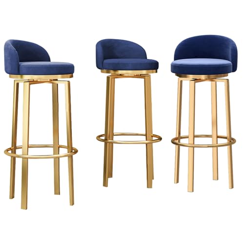 DFKGLCRR Samt gepolsterte Barhocker 3er Set, Moderne 360° drehbare Barhocker, Esszimmerstühle 25,6/29,6 Zoll Sitzhöhe mit goldenen Metallbeinen und Fußstütze (Blue,75cm/30in) von DFKGLCRR