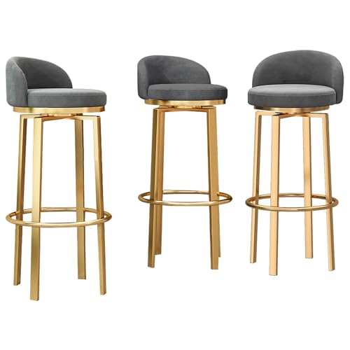 DFKGLCRR Samt gepolsterte Barhocker 3er Set, Moderne 360° drehbare Barhocker, Esszimmerstühle 25,6/29,6 Zoll Sitzhöhe mit goldenen Metallbeinen und Fußstütze (Grey,65cm/26in) von DFKGLCRR