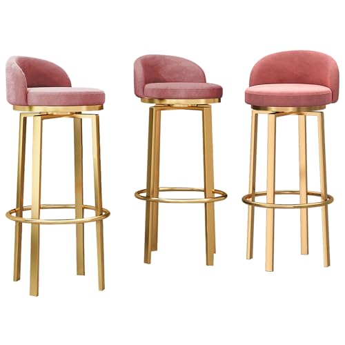 DFKGLCRR Samt gepolsterte Barhocker 3er Set, Moderne 360° drehbare Barhocker, Esszimmerstühle 25,6/29,6 Zoll Sitzhöhe mit goldenen Metallbeinen und Fußstütze (Pink,65cm/26in) von DFKGLCRR