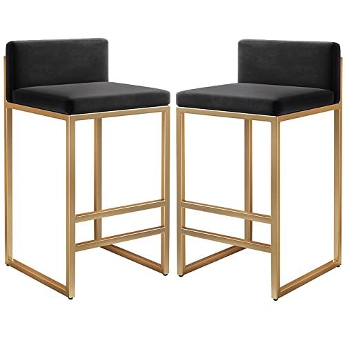 DFKGLCRR Samt gepolsterte Barhocker mit niedrigem Rücken, Metallbeine und Fußstütze 26/30in hohe Barhocker für Esszimmer Küche Zähler, 300lbs (Black 2ps,75cm/29.6in) von DFKGLCRR