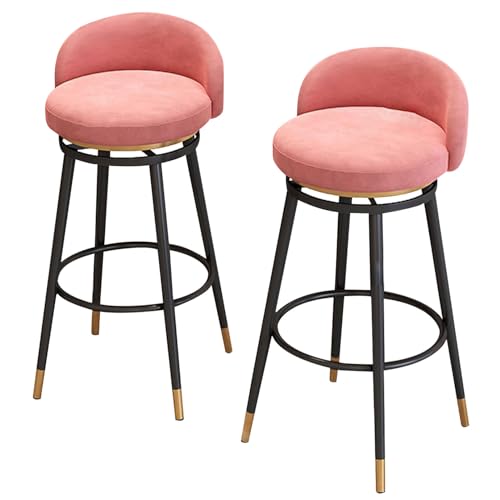 Drehbare Barhocker 2er Set, Samt gepolsterte Barstühle mit niedriger Rückenlehne und Fußstütze Armlehne, Küche hohe Hocker mit Metallbeinen für Frühstücksbar, Theke (Pink,29.6in/75cm) von DFKGLCRR