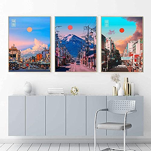 DFRES Tokyo Pastell Stadt Landschaft Poster Anime Vs Reality Kunstdrucke Japan Kyoto Cumulus View Leinwand Bild Nordic Home Wall GemäLde Deko 40x60cmx3 Kein Rahmen von DFRES