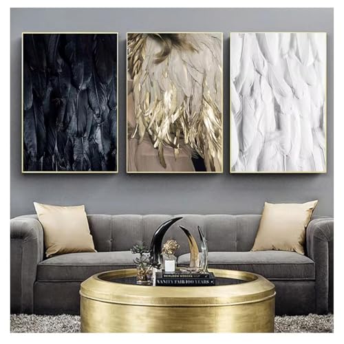 DFZEWKI Abstrakte goldene Feder Leinwandgemälde Drucke Poster Schwarz Weiß Wandbild Wohnkultur für Wohnzimmer 70x90cm (26x35in) x3 Rahmenlos von DFZEWKI