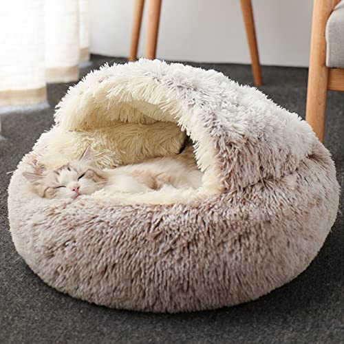 DG Catiee Katzenhöhle, kleines Hundebett, beruhigender Katzenschlafsack, flauschig, warmes Katzen-Iglu-Bett für Innenbereich, Katzen, Welpen, kleine Hunde (Plüsch-65 cm, Braun) von DG Catiee