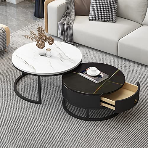 DGDHHSFJDJ 2er-Set Moderne runde Couchtische mit Schubladen, Metallrahmen mit Schiefer-Marmorstruktur, stilvolle Beistelltische für die Dekoration von Wohnzimmer und Schlafzimmer von DGDHHSFJDJ