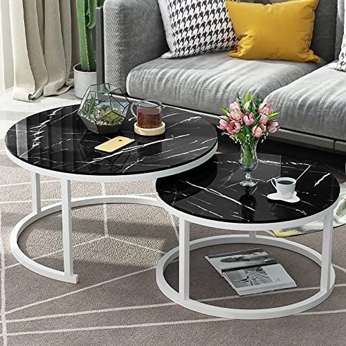 DGDHHSFJDJ 2er-Set runder, stapelbarer Couchtische mit Glasplatte in Marmoroptik – Satztische für Home Office, Wohnzimmer oder Lounge von DGDHHSFJDJ