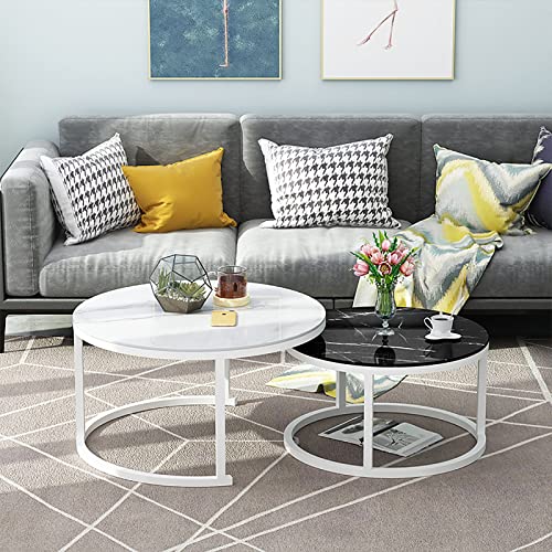 DGDHHSFJDJ 2er-Set runder, stapelbarer Couchtische mit Glasplatte in Marmoroptik – Satztische für Home Office, Wohnzimmer oder Lounge von DGDHHSFJDJ