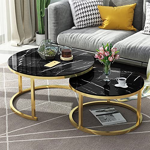 DGDHHSFJDJ 2er-Set runder, stapelbarer Couchtische mit Glasplatte in Marmoroptik – Satztische für Home Office, Wohnzimmer oder Lounge von DGDHHSFJDJ