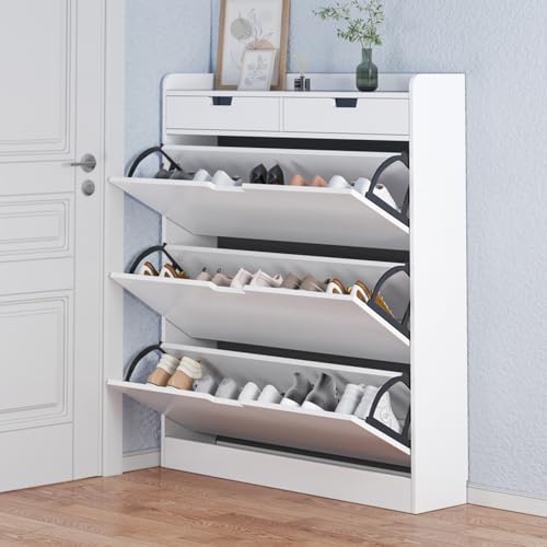 DGDHHSFJDJ Freistehender Schuhschrank, schmaler Flurschrank, schmaler Schrank, Schuhregalschrank aus Massivholz mit 3 ausklappbaren Schubladen von DGDHHSFJDJ