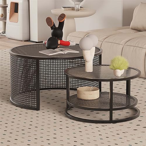 DGDHHSFJDJ Moderne runde Couchtische im 2er-Set – Glasplatte mit Ablagefläche, gewebtes Design, stabile Metallbeine für Wohnzimmer, Schlafzimmer, Büro – stilvolle Wohnmöbel von DGDHHSFJDJ