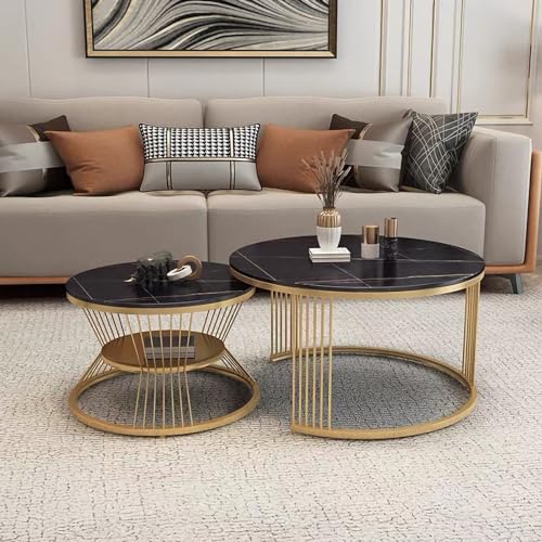 DGDHHSFJDJ Modernes rundes Couchtisch-Set zum Ineinanderstapeln – 2 stilvolle stapelbare Beistelltische mit Ablagefläche, Metallrahmen und Schieferplatte für kleine Räume, Wohnzimmerdekor von DGDHHSFJDJ