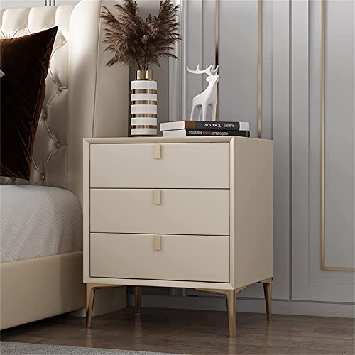 DGDHHSFJDJ Nachttisch aus weißem Holz, moderner, Schlichter Nachttisch mit 3 grauen Schubladen, erhöhtes Design – perfekt fürs Schlafzimmer – Lederakzente von DGDHHSFJDJ