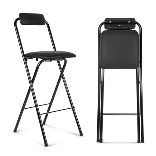 DGDHHSFJDJ Schwarzer Klapphocker mit gepolsterter Sitzlehne und Fußstütze 70 cm hoher Stuhl mit Metallrahmen Faltbarer Barhocker für Küche, Café und Bistro von DGDHHSFJDJ