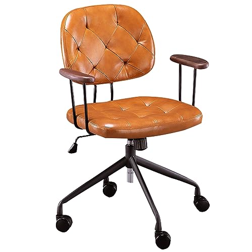 DGDHHSFJDJ Vintage-Bürostuhl aus PU-Leder – höhenverstellbar mit Neigungs- und Drehfunktion, rollbarer, bequemer Schreibtischstuhl für Zuhause/den Schminktisch mit schwarzen Beinen von DGDHHSFJDJ