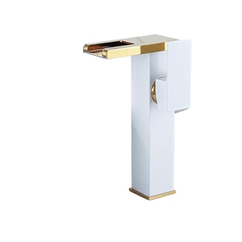 Badezimmer HydroLED Wasserfall Wasserhahn Waschbecken Becken Wasserhahn Arbeitsplatte montiert massivem Messing Hydronik Becken Wasserhahn beleuchtet Becken Wasserhahn ( Color : White Gold Tall ) von DGFGMAATU