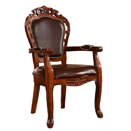 DGHNBMGNG Europäischer brauner, kirschfarbener Eichenholz-Esszimmerstuhl mit hoher Rückenlehne aus Kunstleder for Zuhause, Vintage-Sessel aus Massivholz(Brown1) von DGHNBMGNG