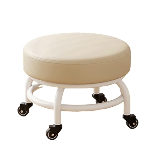 DGHNBMGNG Runder Rollhocker, 360° drehbar, mit Universalrädern, hochwertigem Leder, geräuschloser Sitz mit Rollen, geeignet for Zuhause, Büro, Fitnessstudio (mehrere Farben)(White) von DGHNBMGNG