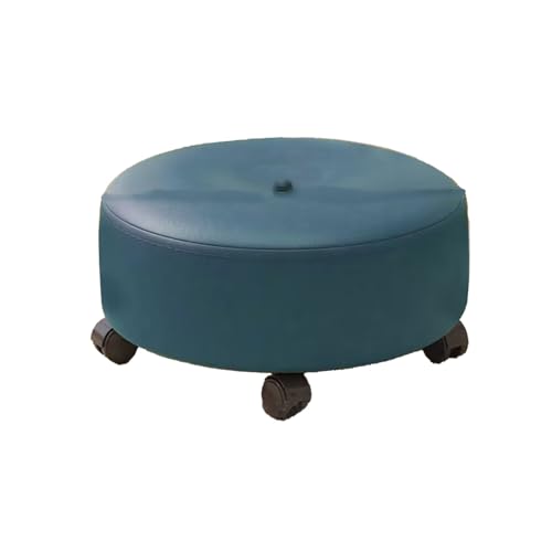 Modischer, einfacher niedriger Hocker mit Rädern, mit universellen Lenkrollen, hochwertiger runder Sofa-Fußhocker aus Leder, geeignet for Eingangsbereich, Veranda, Arbeitszimmer, Wohnzimmer, weiß(Blue von DGHNBMGNG