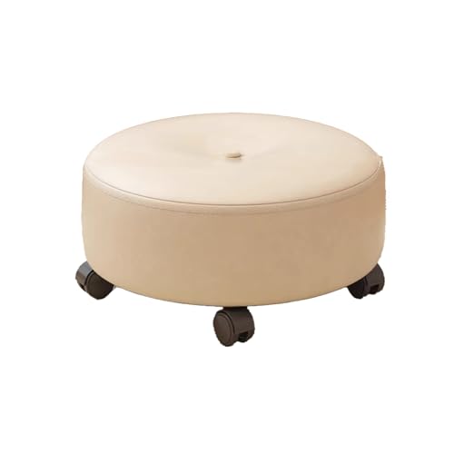 Modischer, einfacher niedriger Hocker mit Rädern, mit universellen Lenkrollen, hochwertiger runder Sofa-Fußhocker aus Leder, geeignet for Eingangsbereich, Veranda, Arbeitszimmer, Wohnzimmer, weiß(Whit von DGHNBMGNG