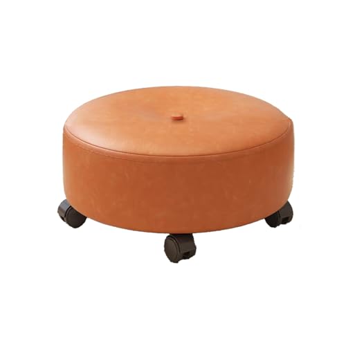 Modischer, einfacher niedriger Hocker mit Rädern, mit universellen Lenkrollen, hochwertiger runder Sofa-Fußhocker aus Leder, geeignet for Eingangsbereich, Veranda, Arbeitszimmer, Wohnzimmer, weiß(Oran von DGHNBMGNG